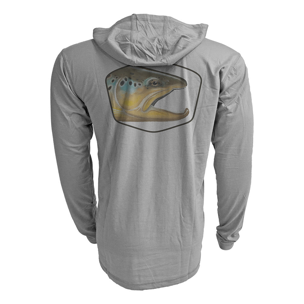 Light gray hooded long-sleeve sun shirt displaying a detailed brown trout head illustration within a badge outline on the back.