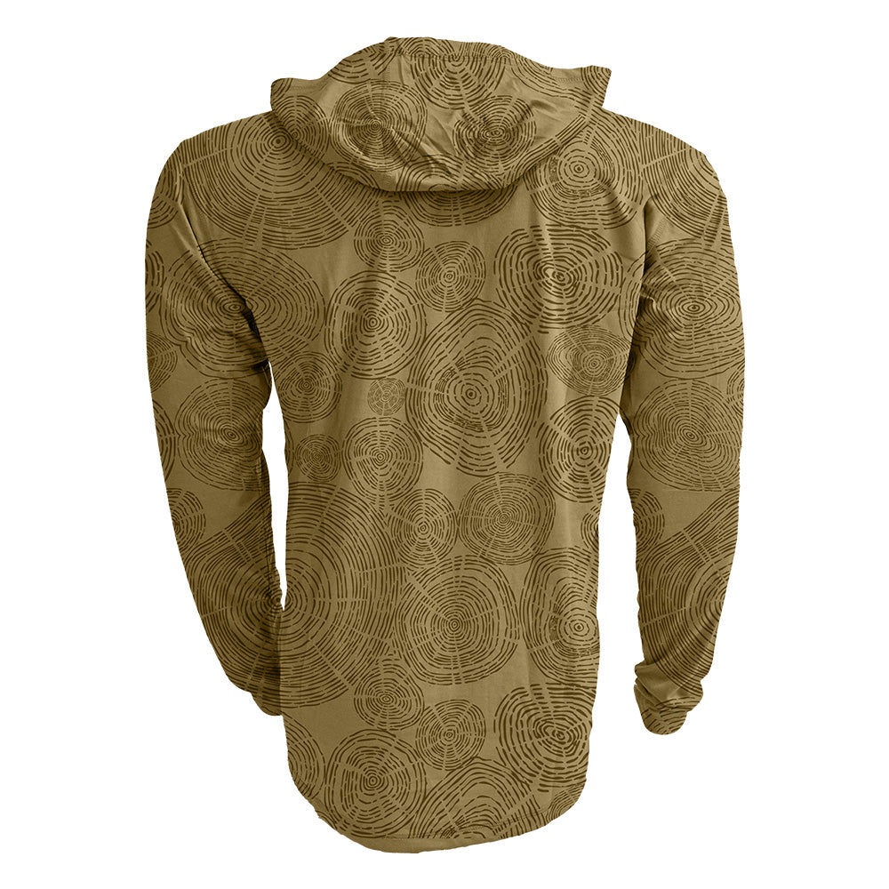 buckskin hooded sun shirt with repeating circular tree-ring pattern across the back.