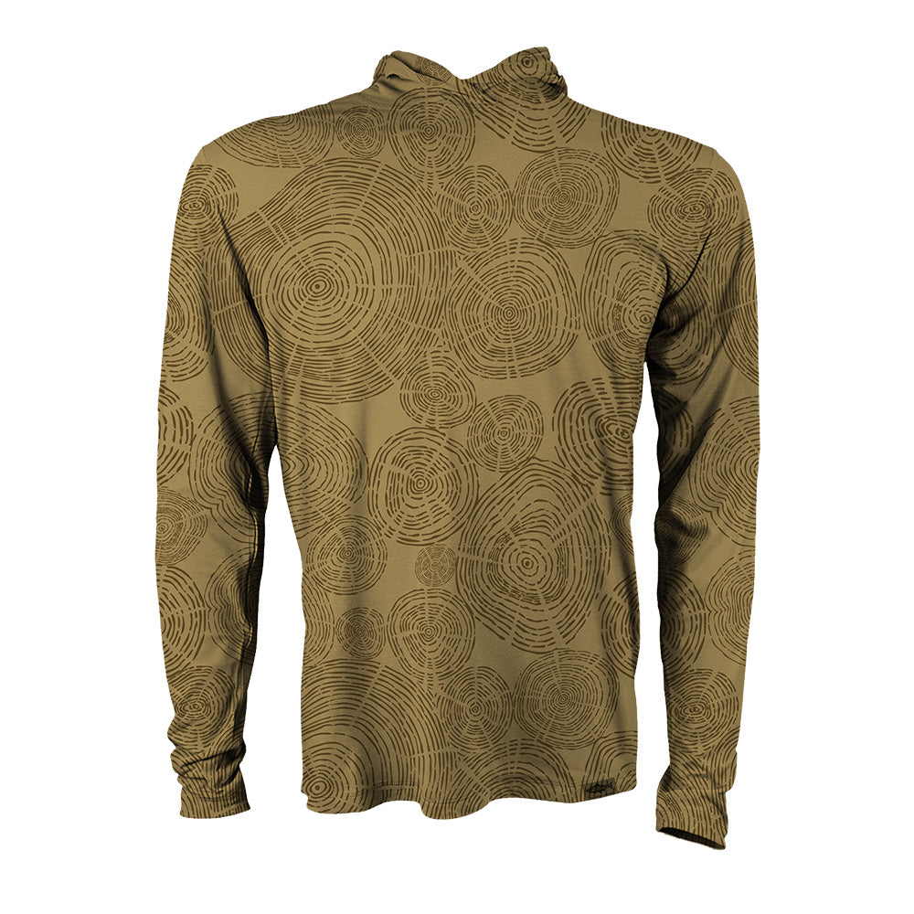 buckskin hooded sun shirt with repeating circular tree-ring pattern across the back.