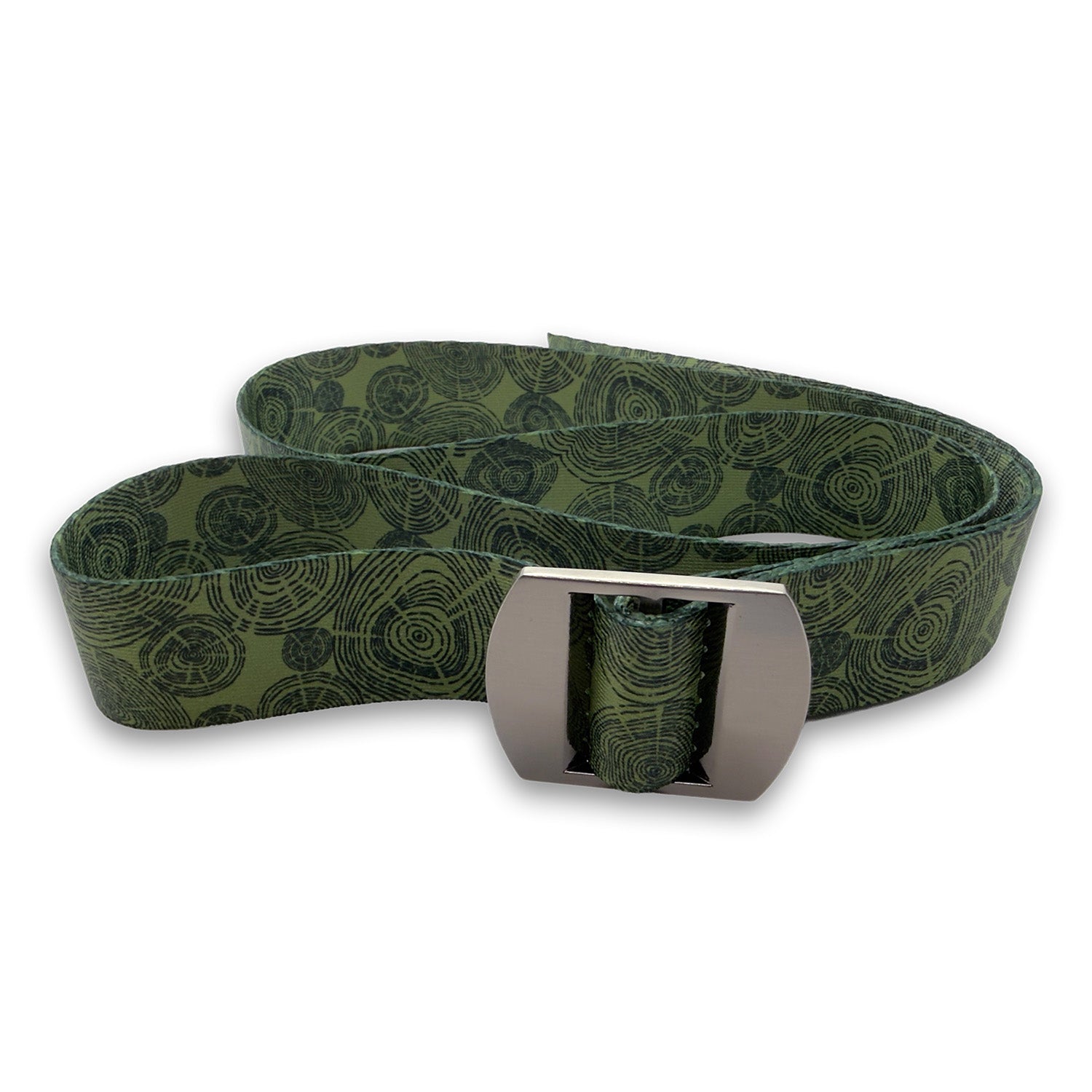Green tree ring patterned belt with a silver buckle on a white background
