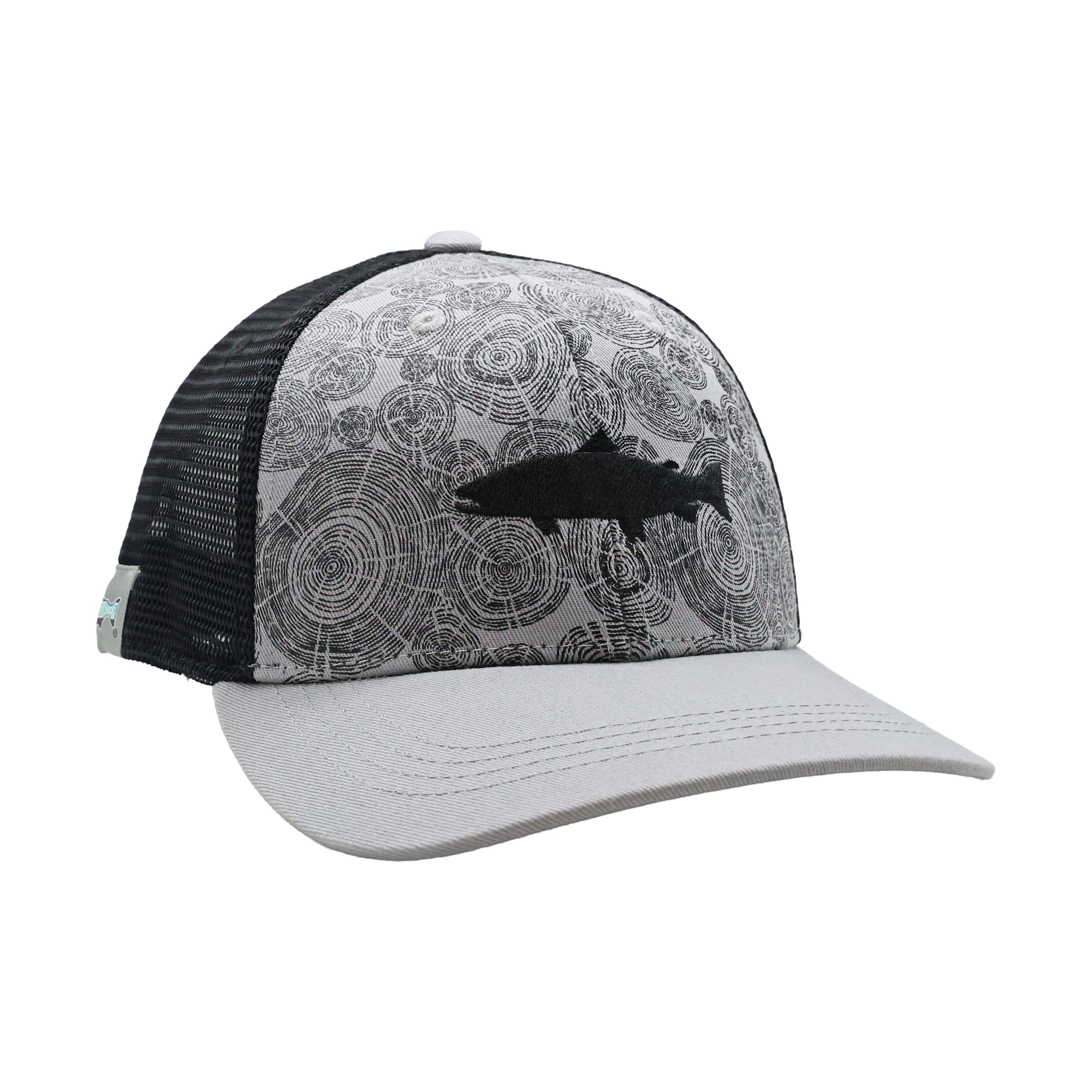 Green patterned cap with black fish silhouette on front panel