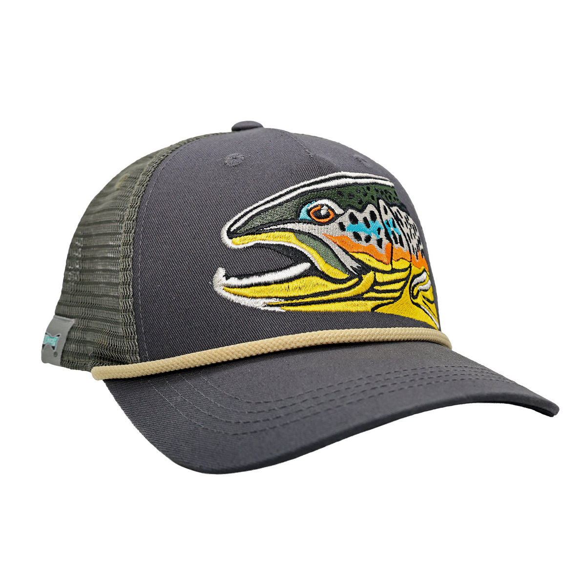 Dark gray trucker hat featuring a large colorful brown trout embroidered with green mesh