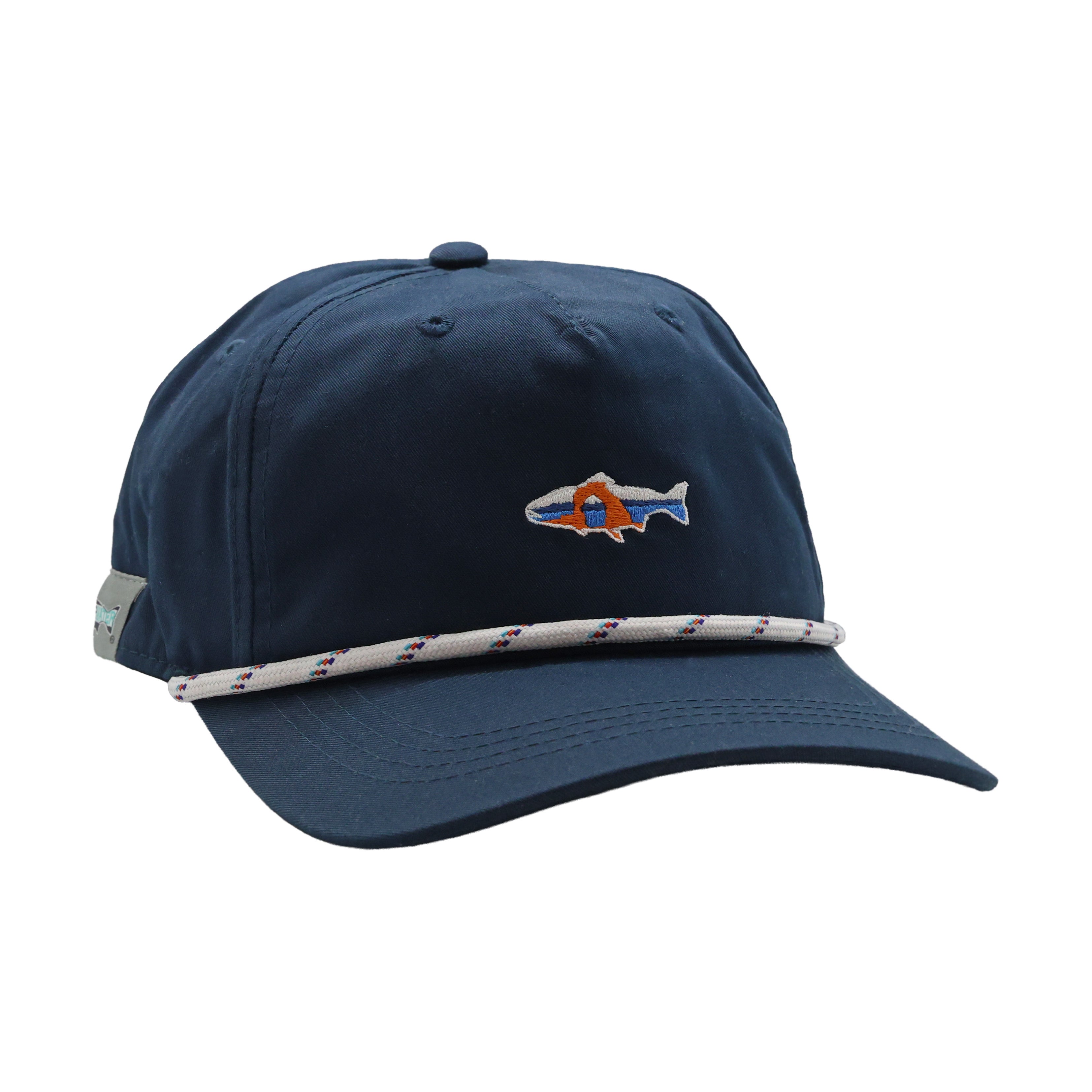 Navy performance rope hat with embroidered fish in Colorado flag colors