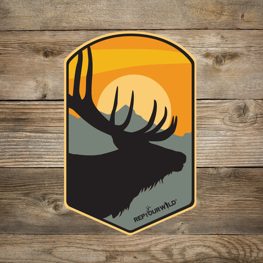 Sticker Black Orange Gray with Sunset behind mountains with elk head