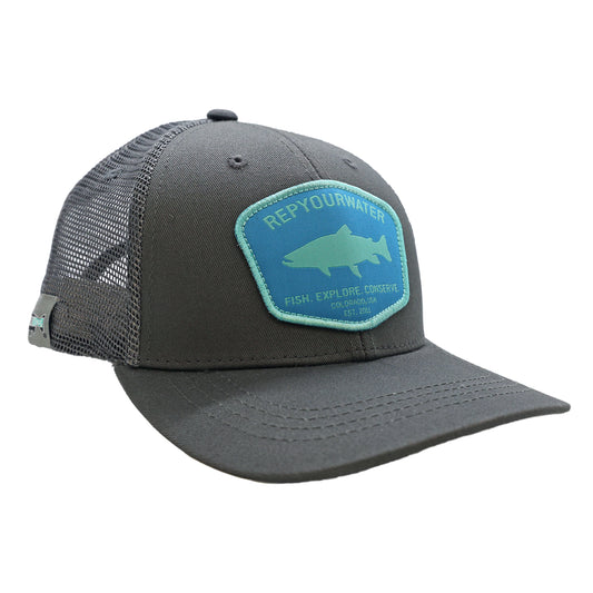 A gray hat with mesh back featuring a blue and light blue patch that says RepYourWater, fish explore conserve, and Colorado USA est. 2011 with a trout silhouette.