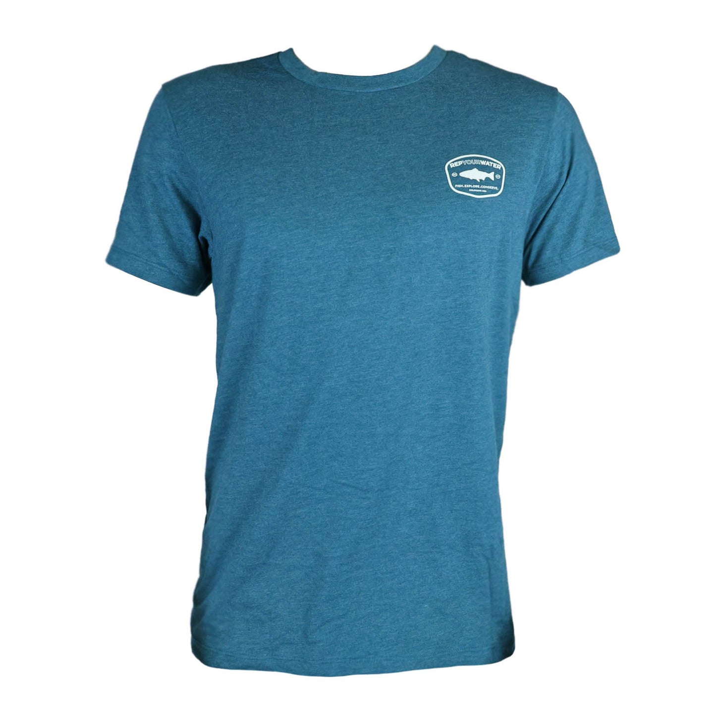 The front of a blue shirt that says RepYourWater, fish explore conserve, Colorado USA, and est 2011. on the front right chest