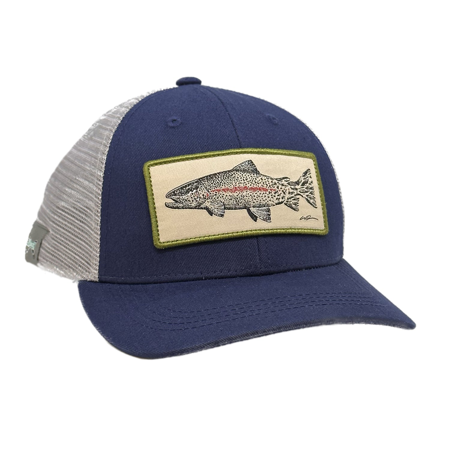 A navy front, light gray mesh back hat with a patch of a pen and ink rainbow trout head changing into flies going towards the tail of the fish