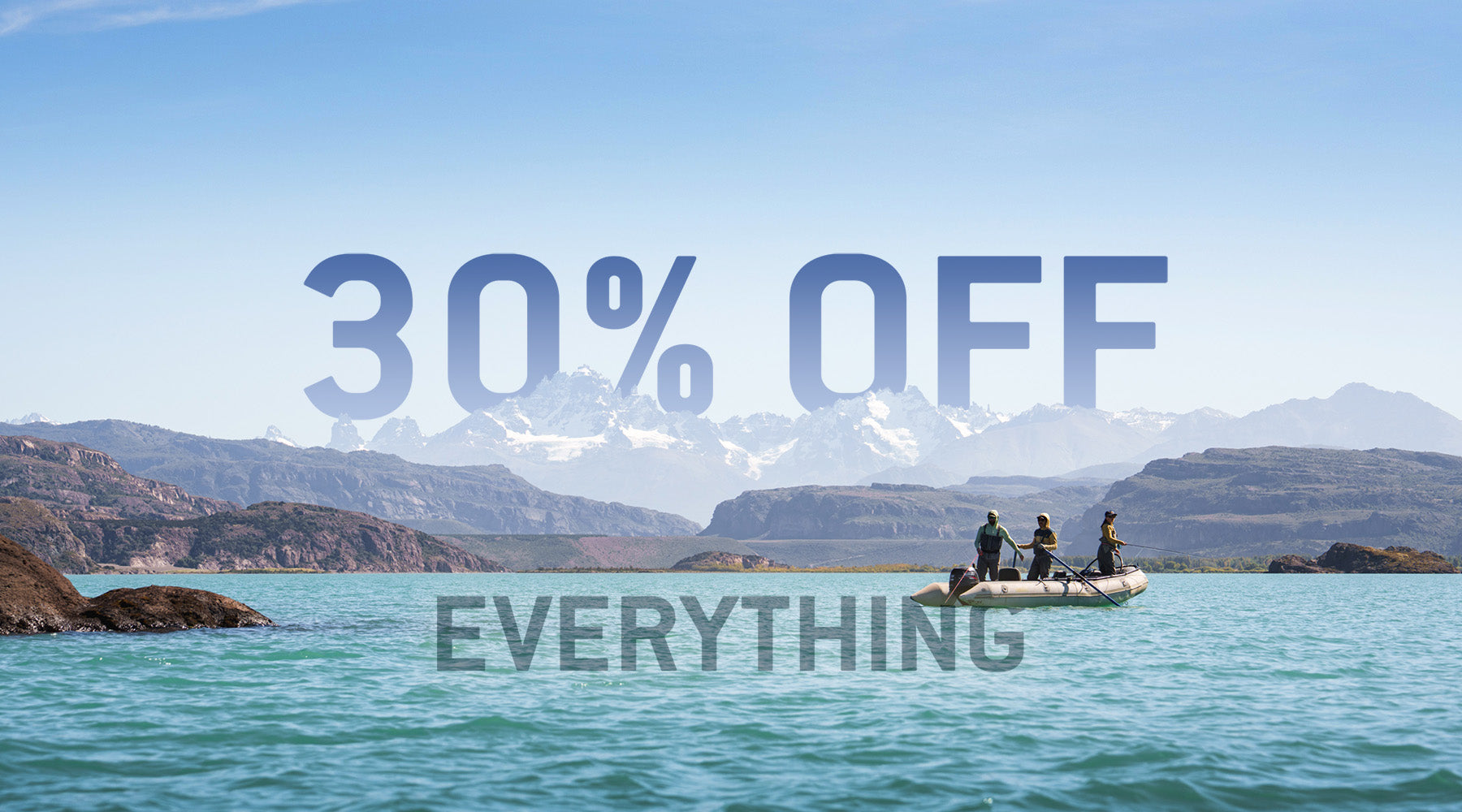 Two people on a raft in a body of water with mountains in the background and promotional text overlay that reads: "30% OFF EVERYTHING".