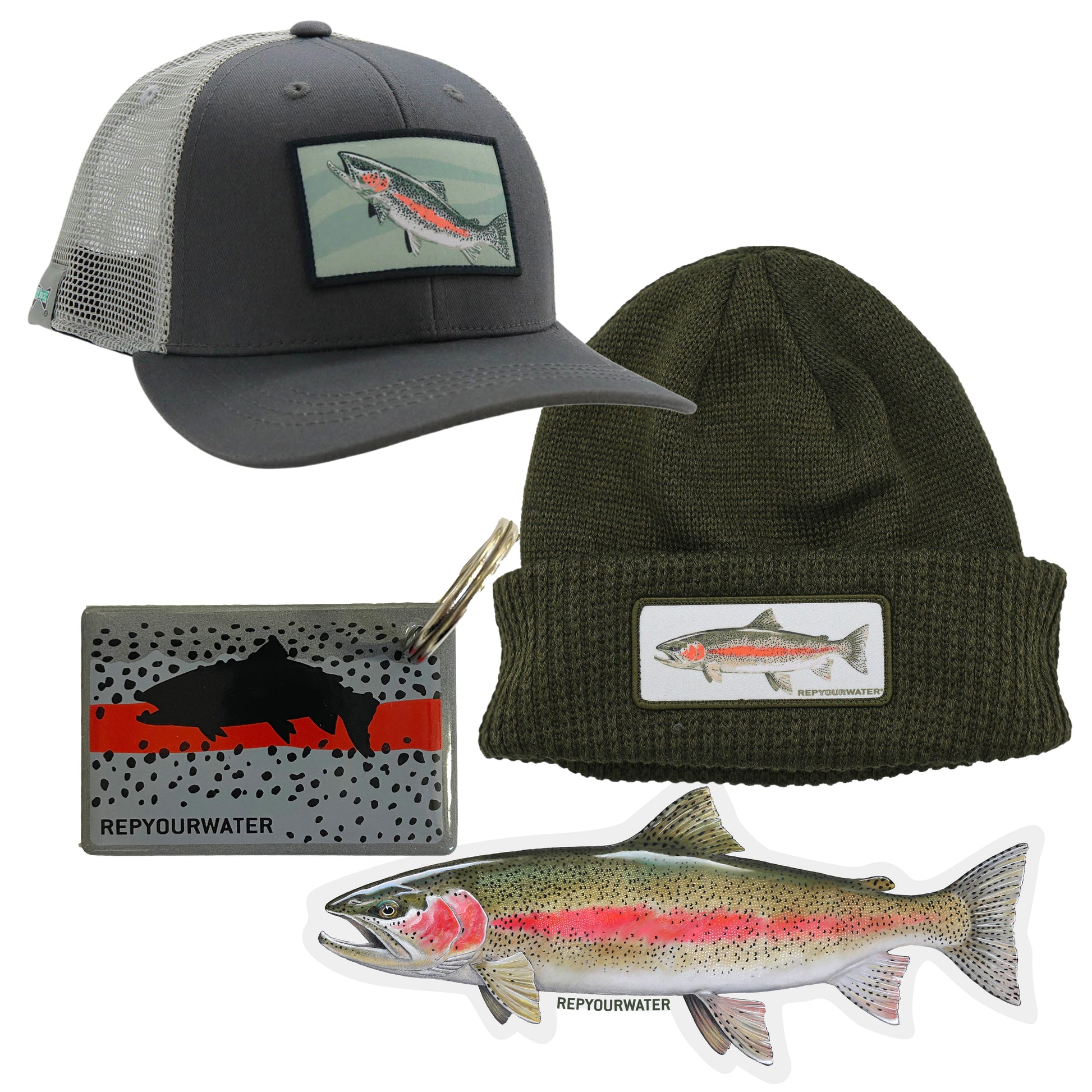 Rainbow trout gift bundle with a hat, knit hat, key ring, 