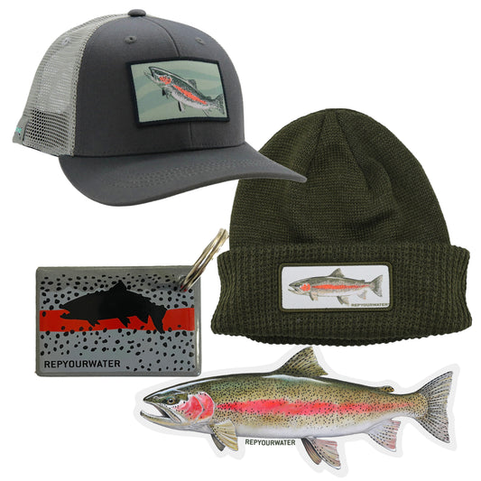 Rainbow trout gift bundle with a hat, knit hat, key ring, 