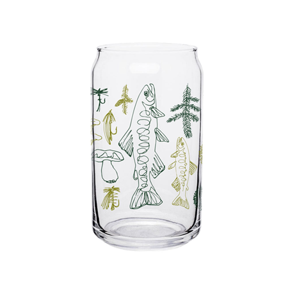 Beer can glass with line drawings of trout mushrooms flies plants green ink