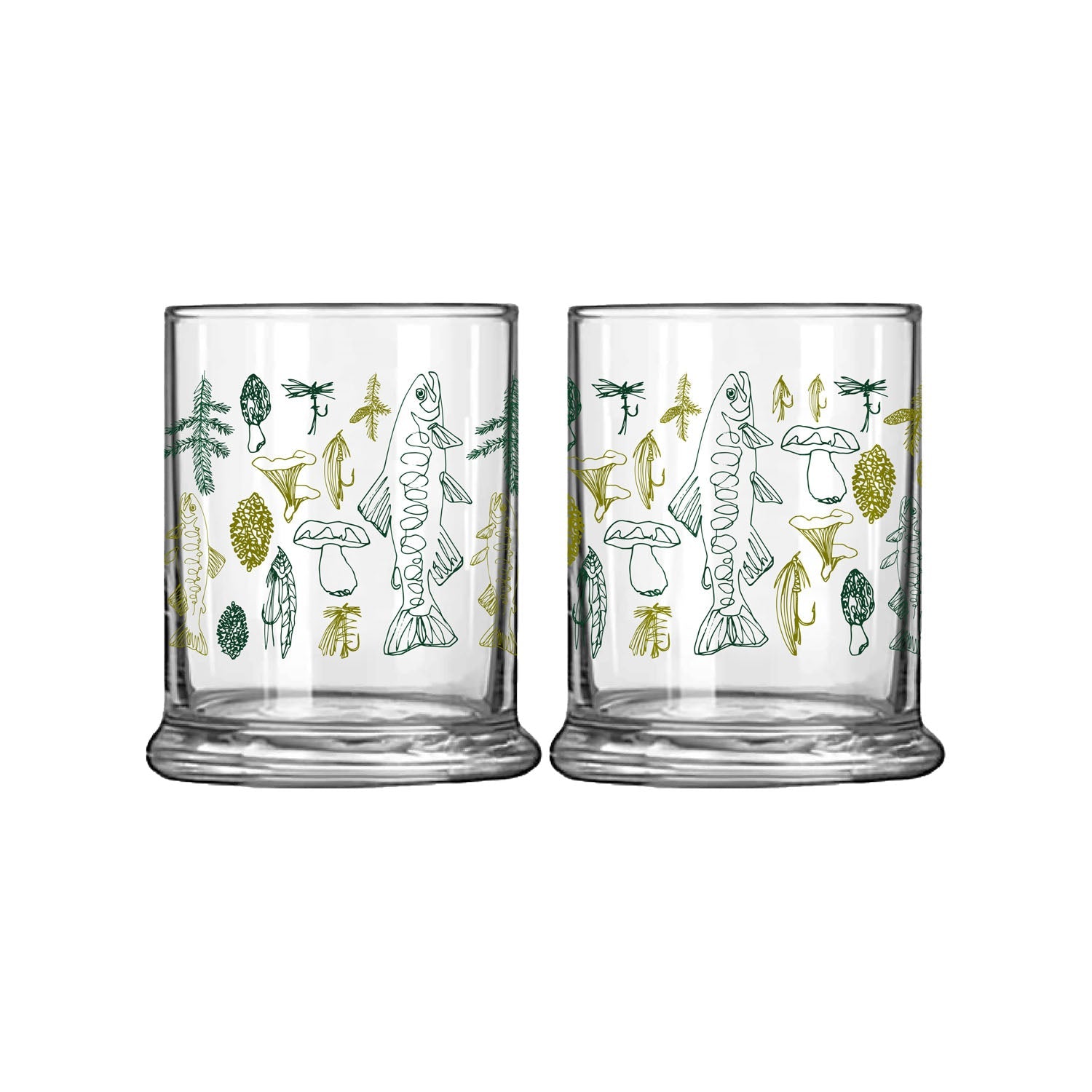 Low ball glass with line drawings of trout mushrooms flies and plants green ink