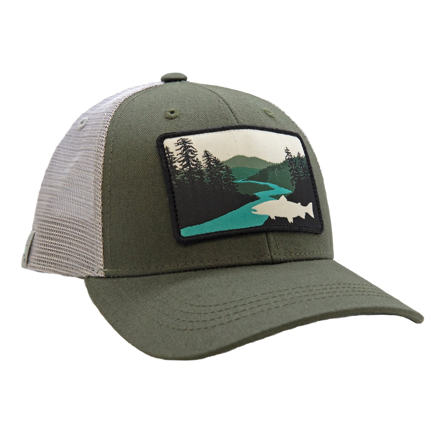 Green hat with white mesh back with a patch on the front that shows mountains, pine trees, and a river with a white silhouette of a fish