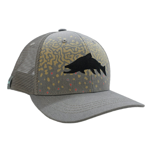 a hat with a gray mesh back and green front and bill. the front features a brook trout skin design with a big trout black silhouette