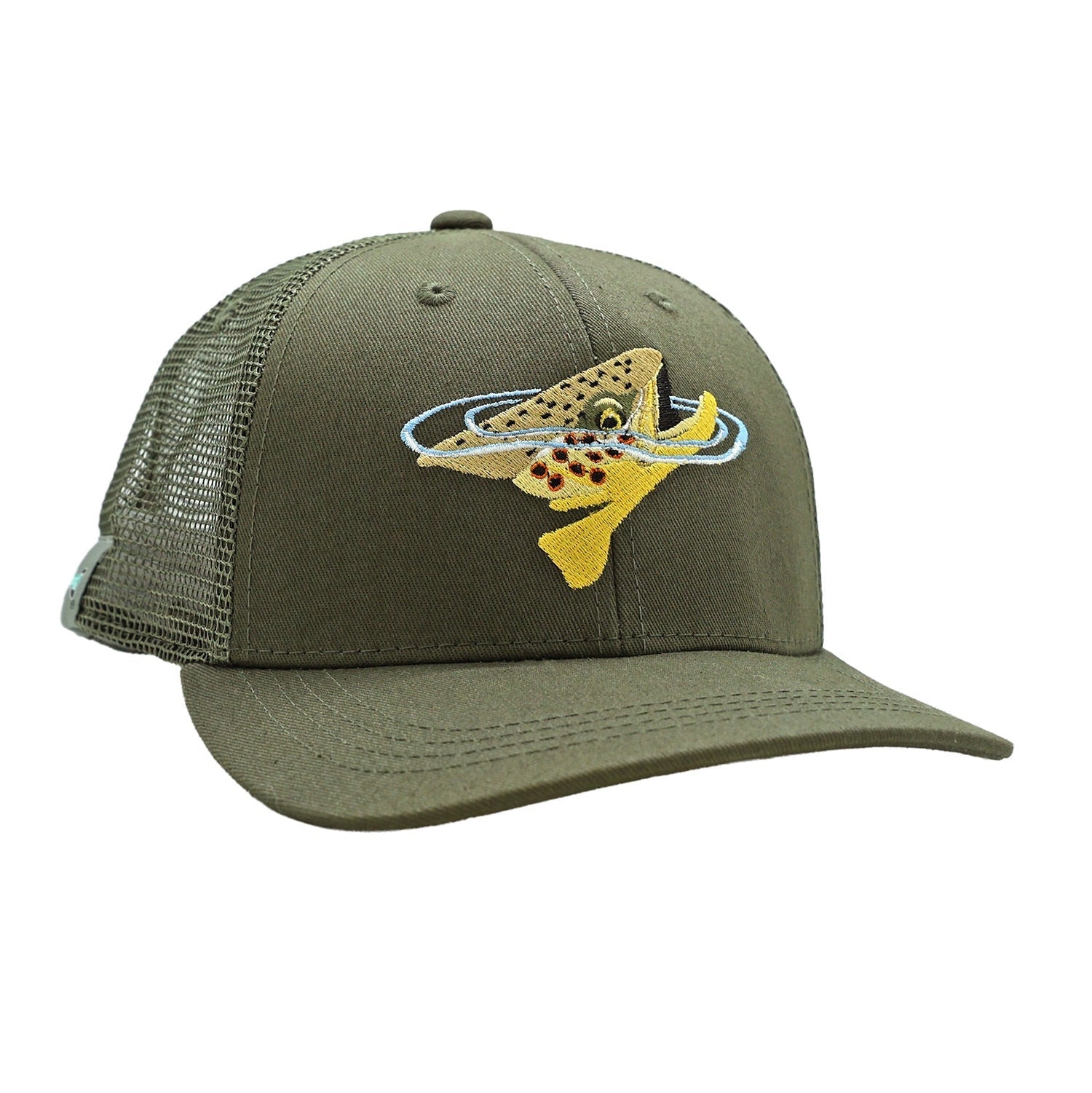 green brimmed cap with a brown trout head embroidered