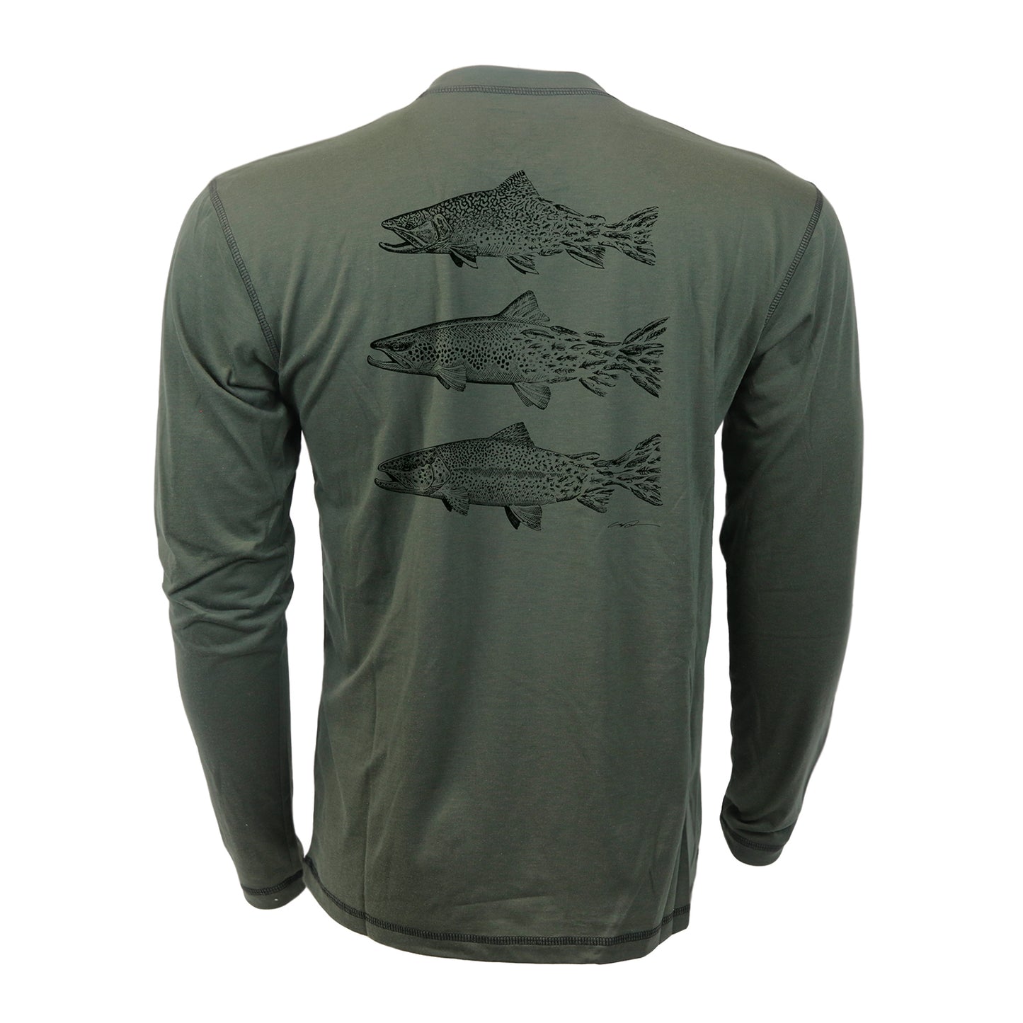 the back of a green longsleeved shirt features three artistically rendered trout