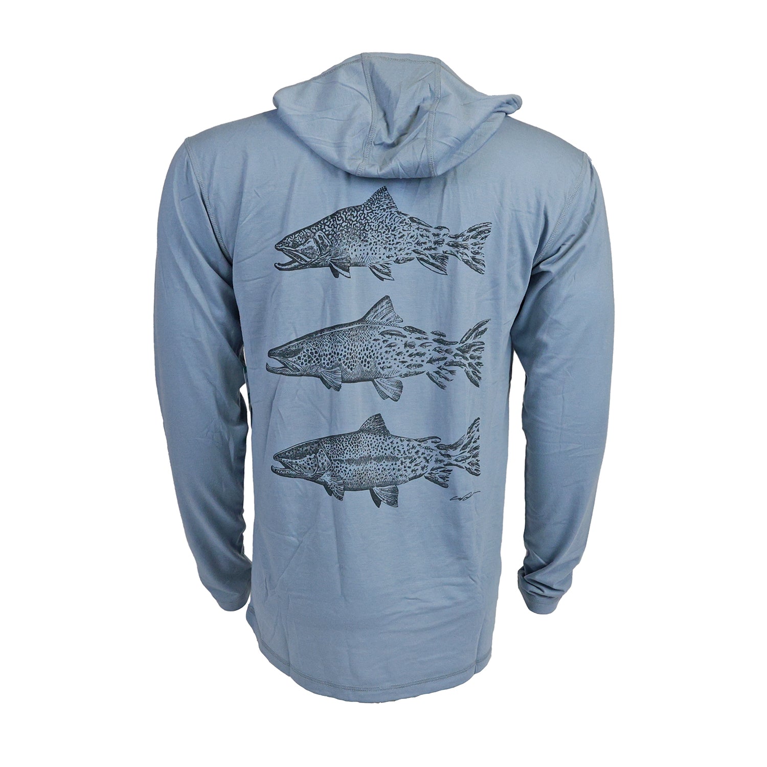 a slate blue hoody features three artistically rendered trout
