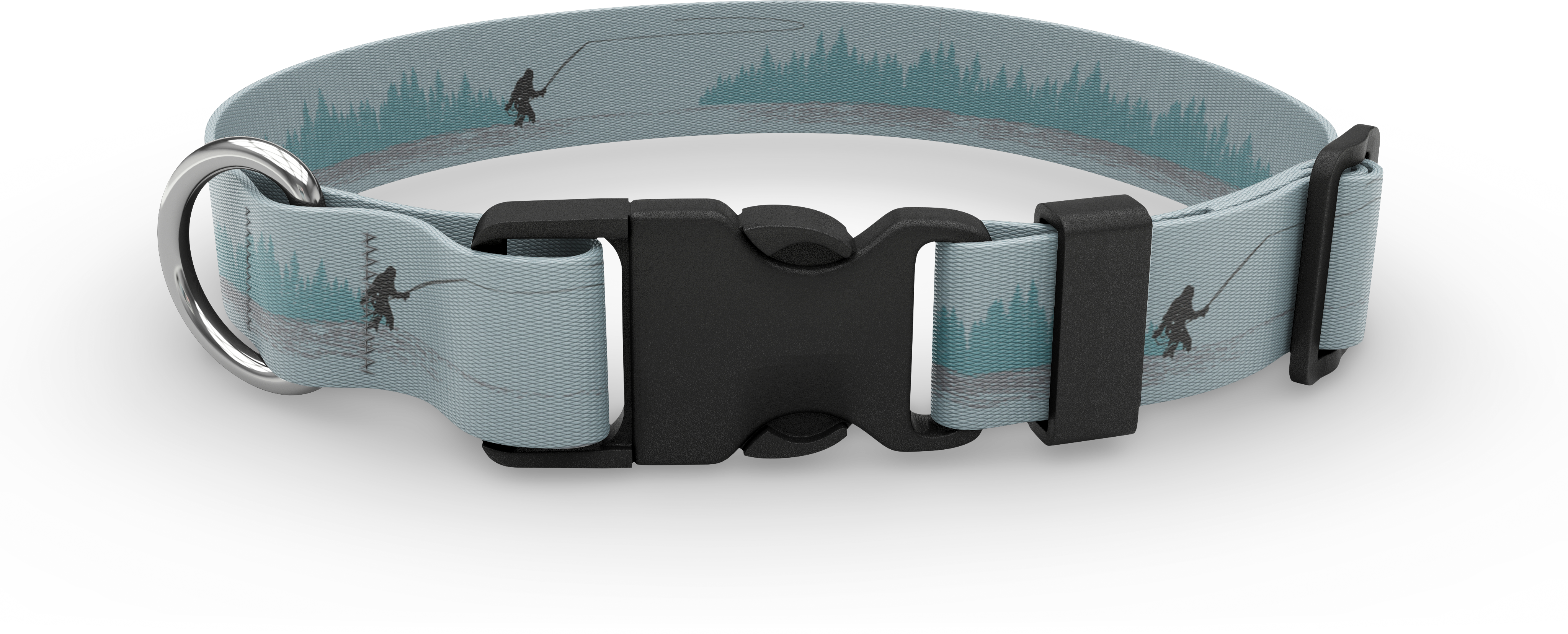 A dog collar with a black buckle and silver D ring that hasma silhouette of sasquatch casting and foliage