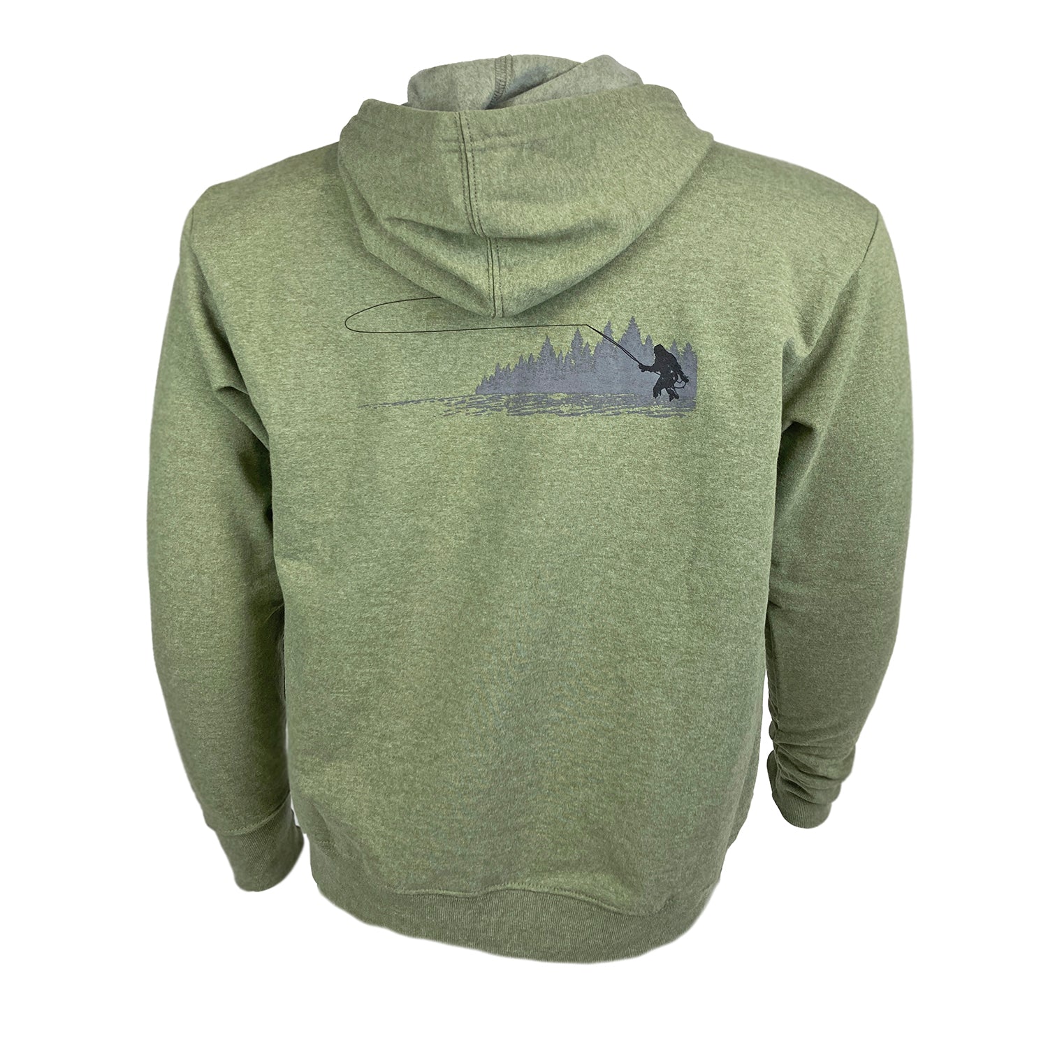 Green hoody shown from the back with artistically rendered fishing sasquatch in river scene across the shoulder blades.