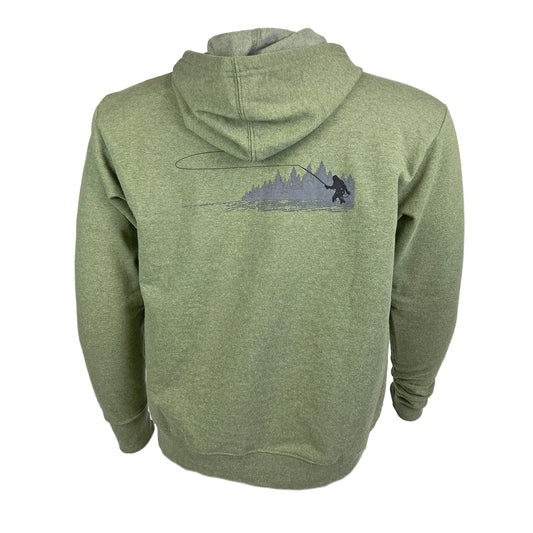 Green hoody shown from the back with artistically rendered fishing sasquatch in river scene across the shoulder blades.