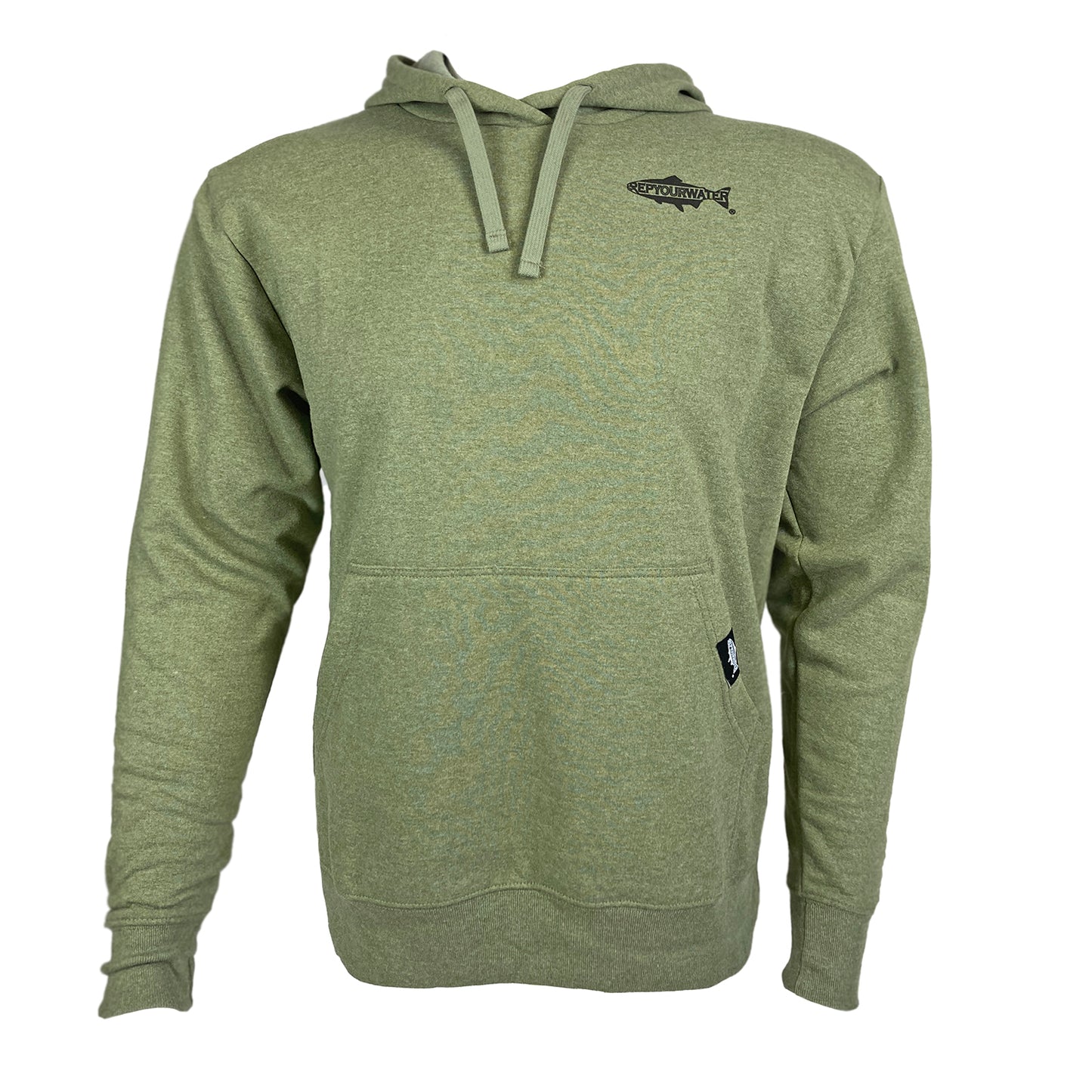 Green hoody shown from the front with Rep Your Water logo on wearer's left chest.