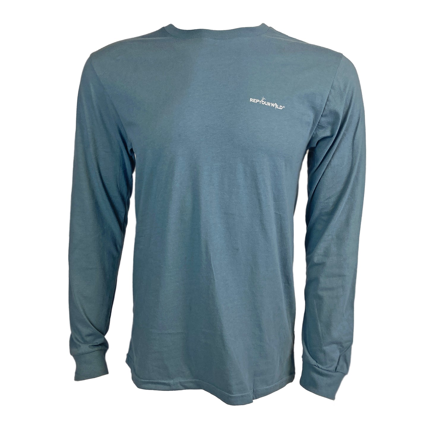 Blue Gray long sleeved tee shown from the front with Rep Your Wild logo on wearer's left chest.