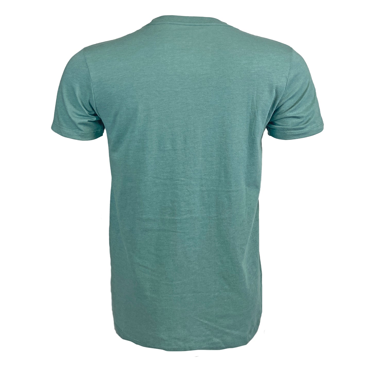 Blue green tee shown from the back.