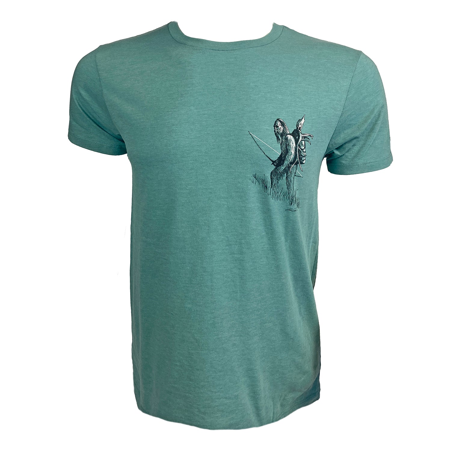Blue Green tee with artistically rendered sasquatch carrying bow and elk skull on wearers left chest.