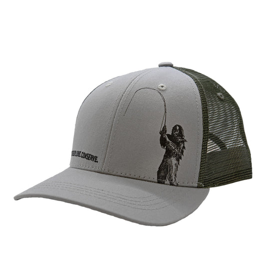 Gray cotton hat with a green mesh back. On the front shows sasquatch fishing and in the bottom left words that say Squatch explore conserve in black.