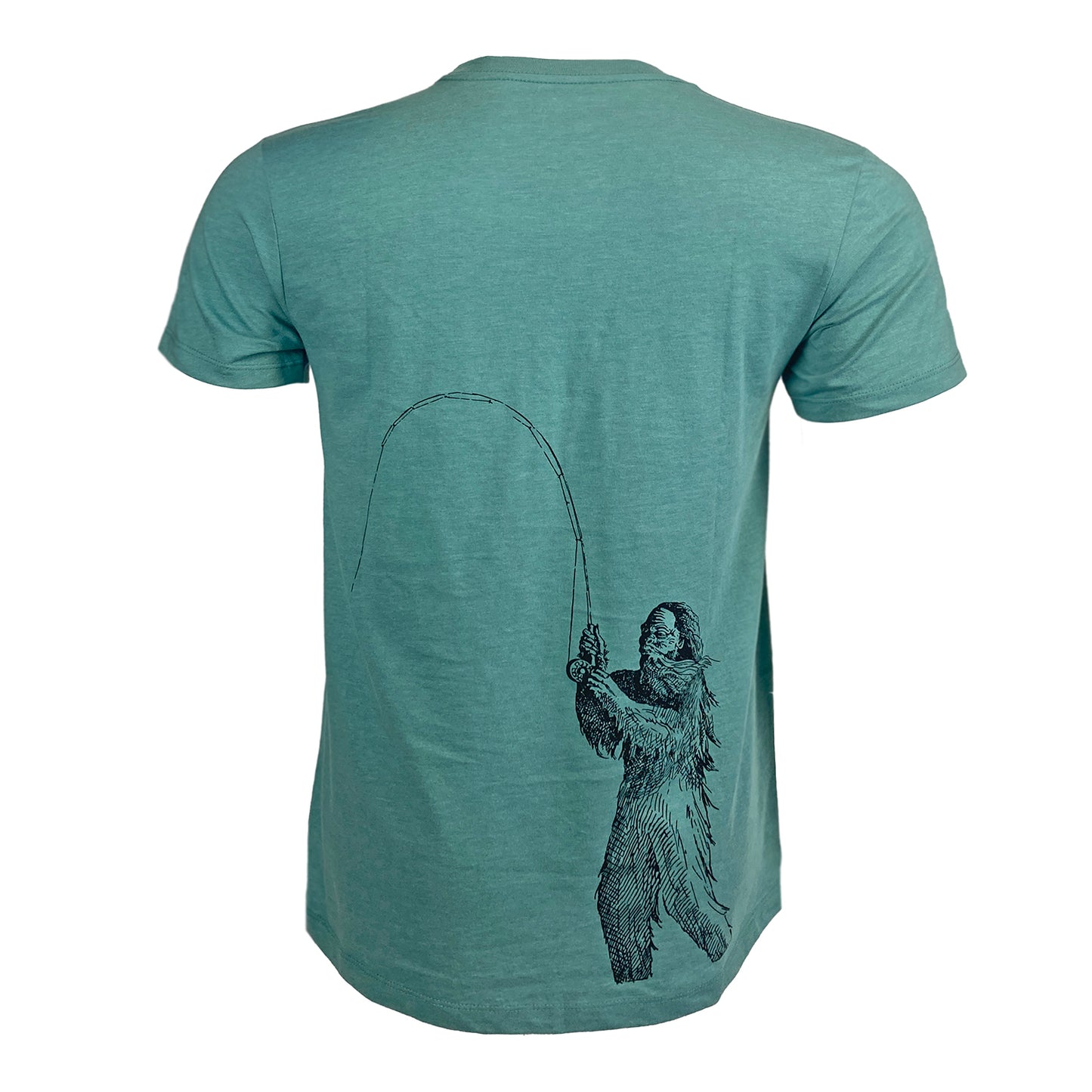 Blue green tee shown from the back with artistically rendered fishing sasquatch on the wearers lower right back.