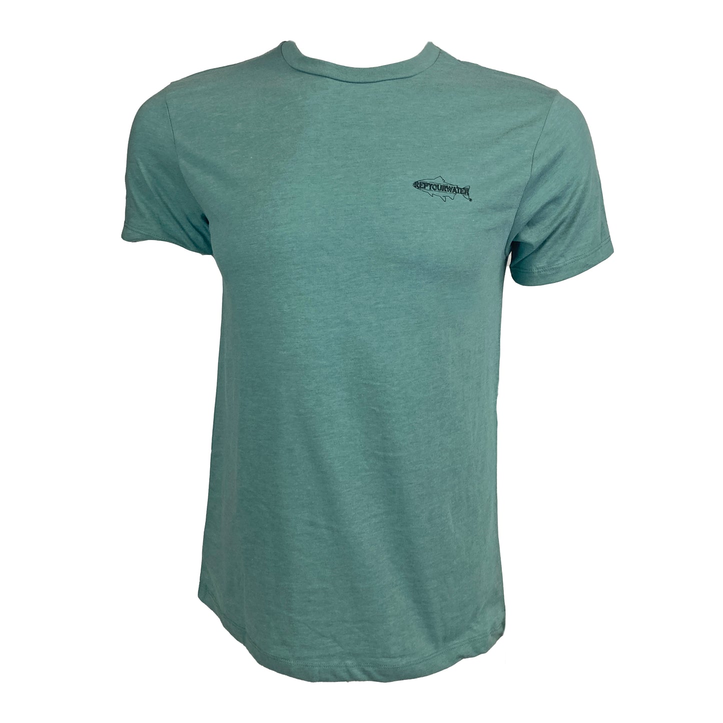 Blue green tee shown from the front with Rep Your Water logo on wearer's left chest.