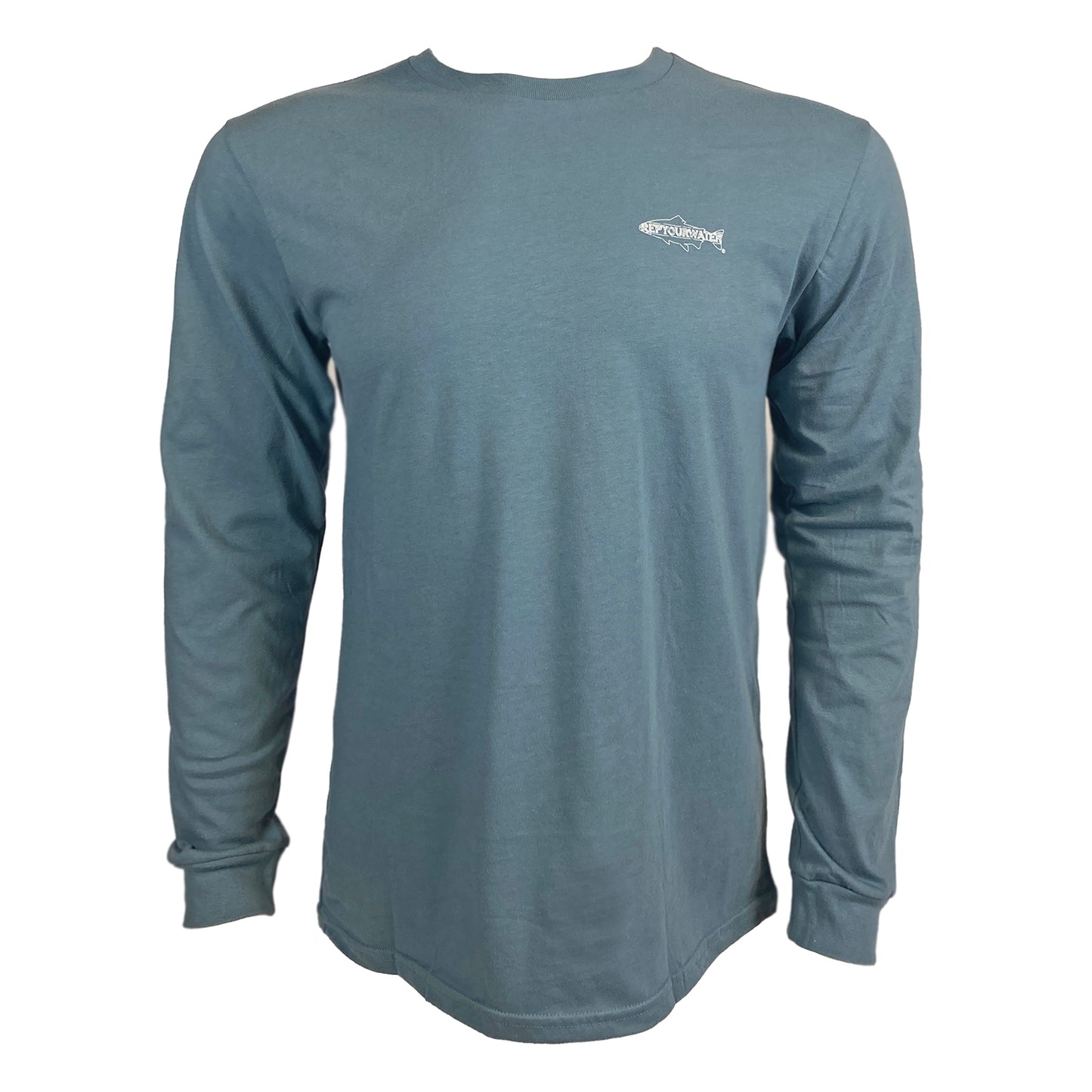 Blue gray long sleeved tee shown from the front with Rep Your Water logo on wearer's left chest.