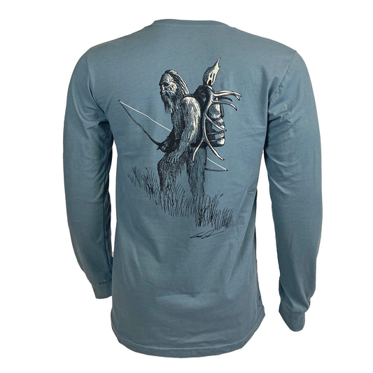 Blue Gray long sleeved tee shown from the back with artistically rendered sasquatch carrying bow and elk skull.