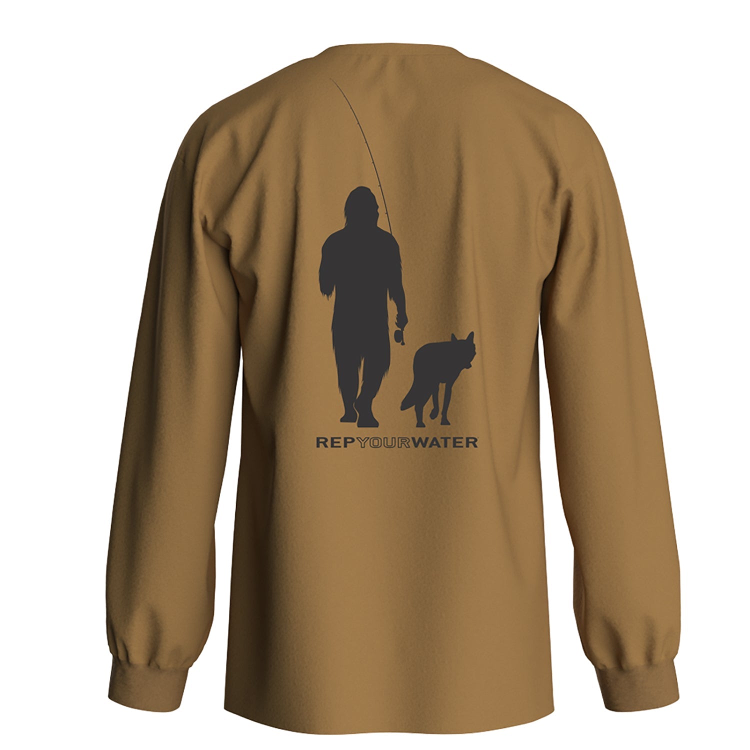 buckskin color long sleeve with a silhouette of sasquatch and wolf and the words rep your water on the back