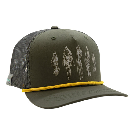 Green hat with a gray mesh back with a yellow rope in the front. The front shows 5 streamers in white