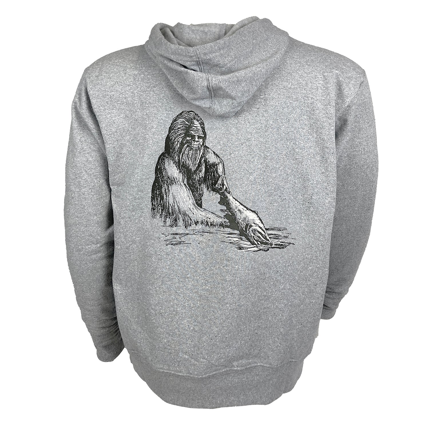 A grey hoody with artwork showing sasquatch holding a fish on the backl