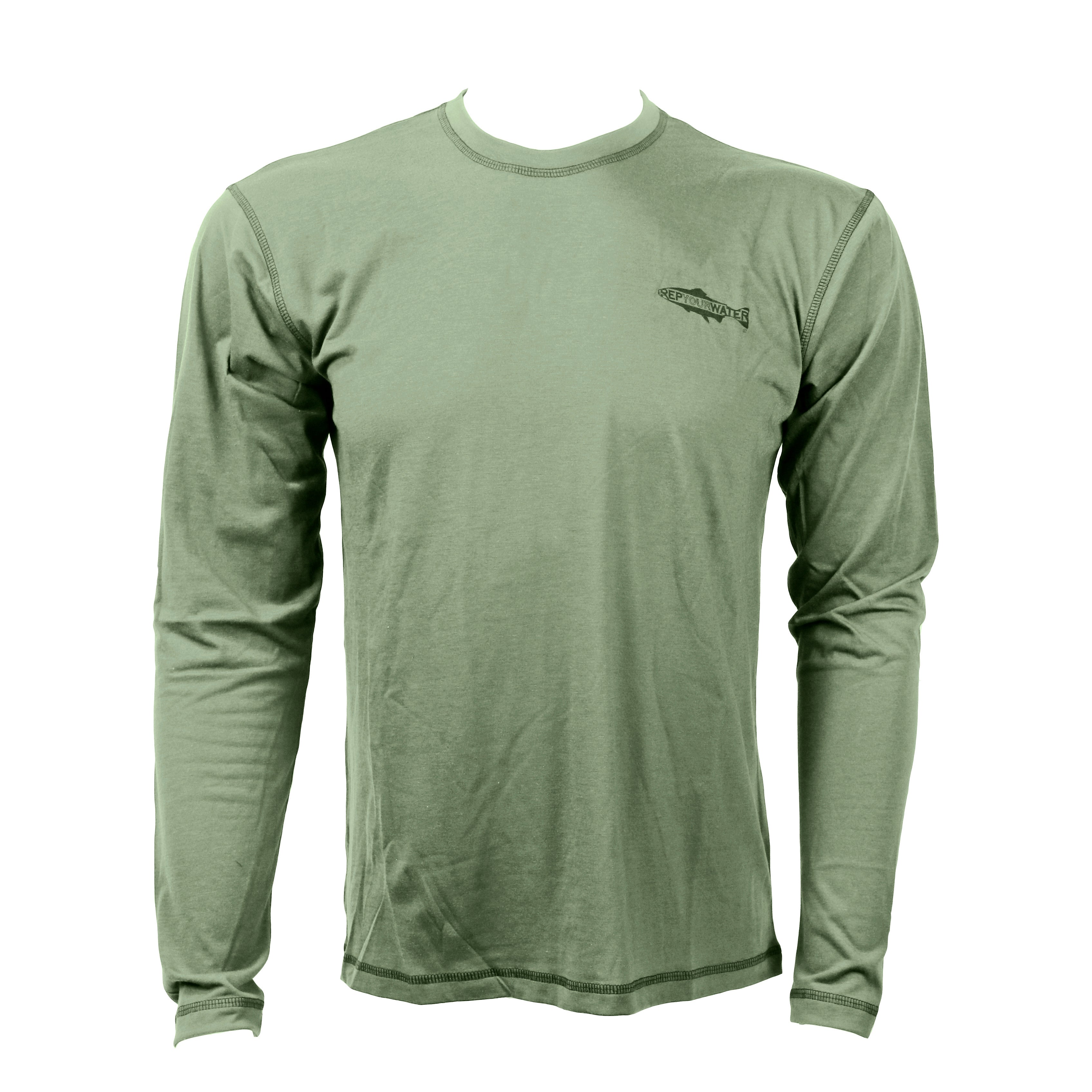 sage green rep your water eco 50 performance shirt with rep your water logo on the front left chest
