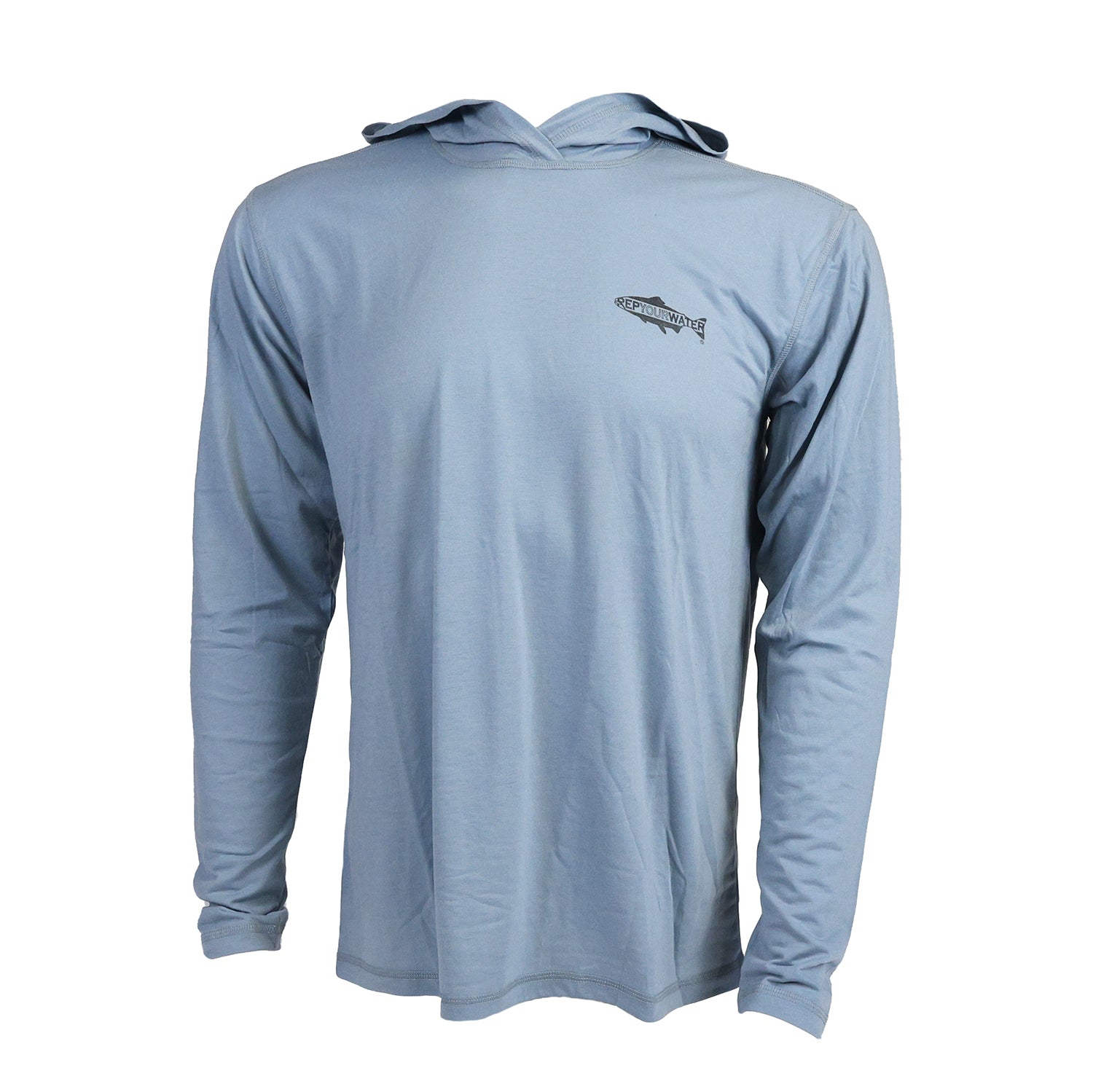 front of a light slate blue sun hoody with repyourwater fish and text logo on left chest
