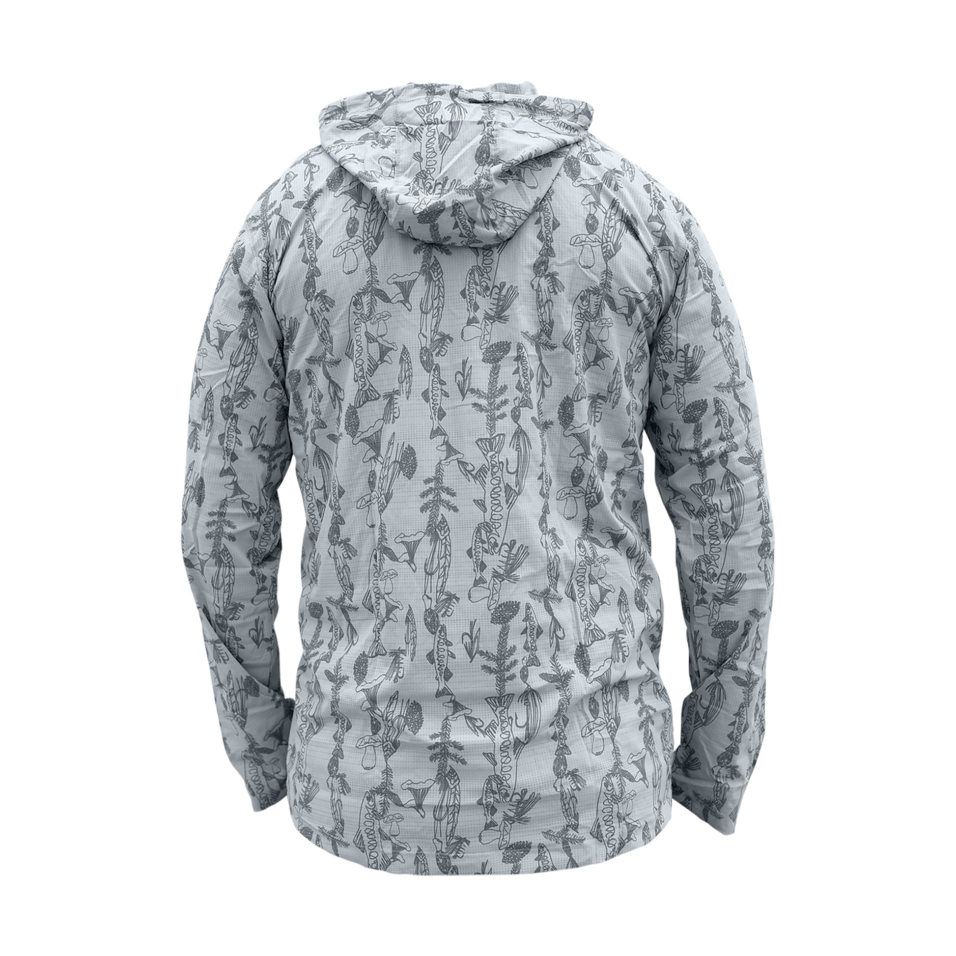 RepYourWater Flolite sun hoody with mushrooms, trout, pine limbs, and pine cones. Spring forest design back