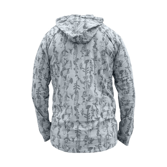 RepYourWater Flolite sun hoody with mushrooms, trout, pine limbs, and pine cones. Spring forest design back