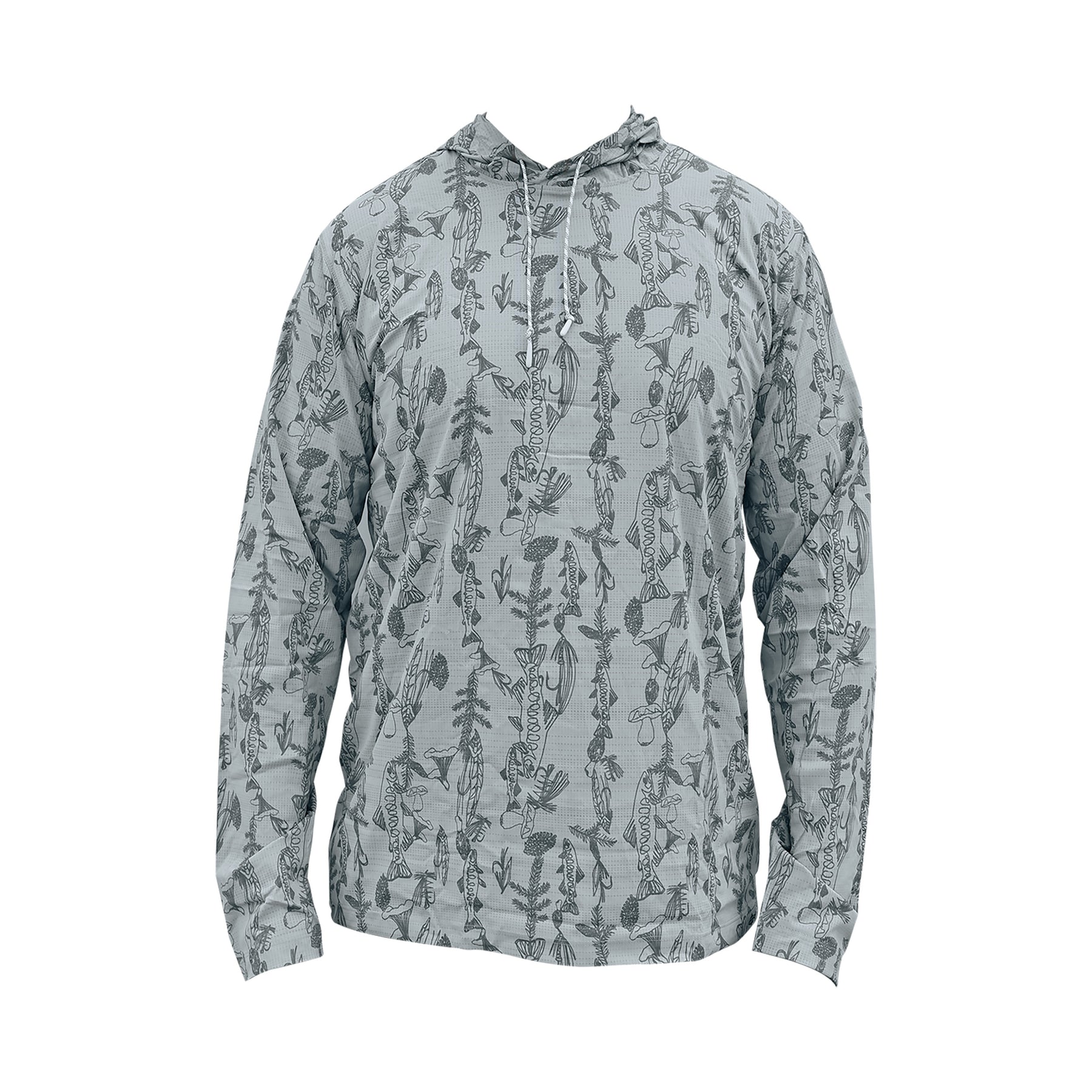 RepYourWater Flolite sun hoody with mushrooms, trout, pine limbs, and pine cones. Spring forest design front