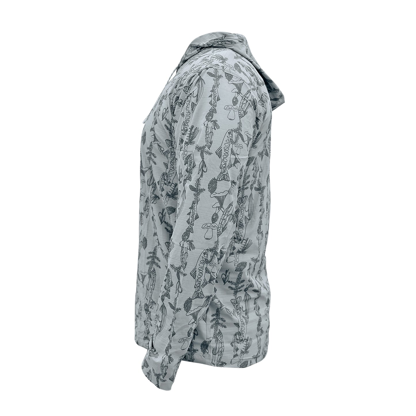 Flolite sun hoody with mushrooms, trout, pine limbs, and pine cones. Spring forest design side