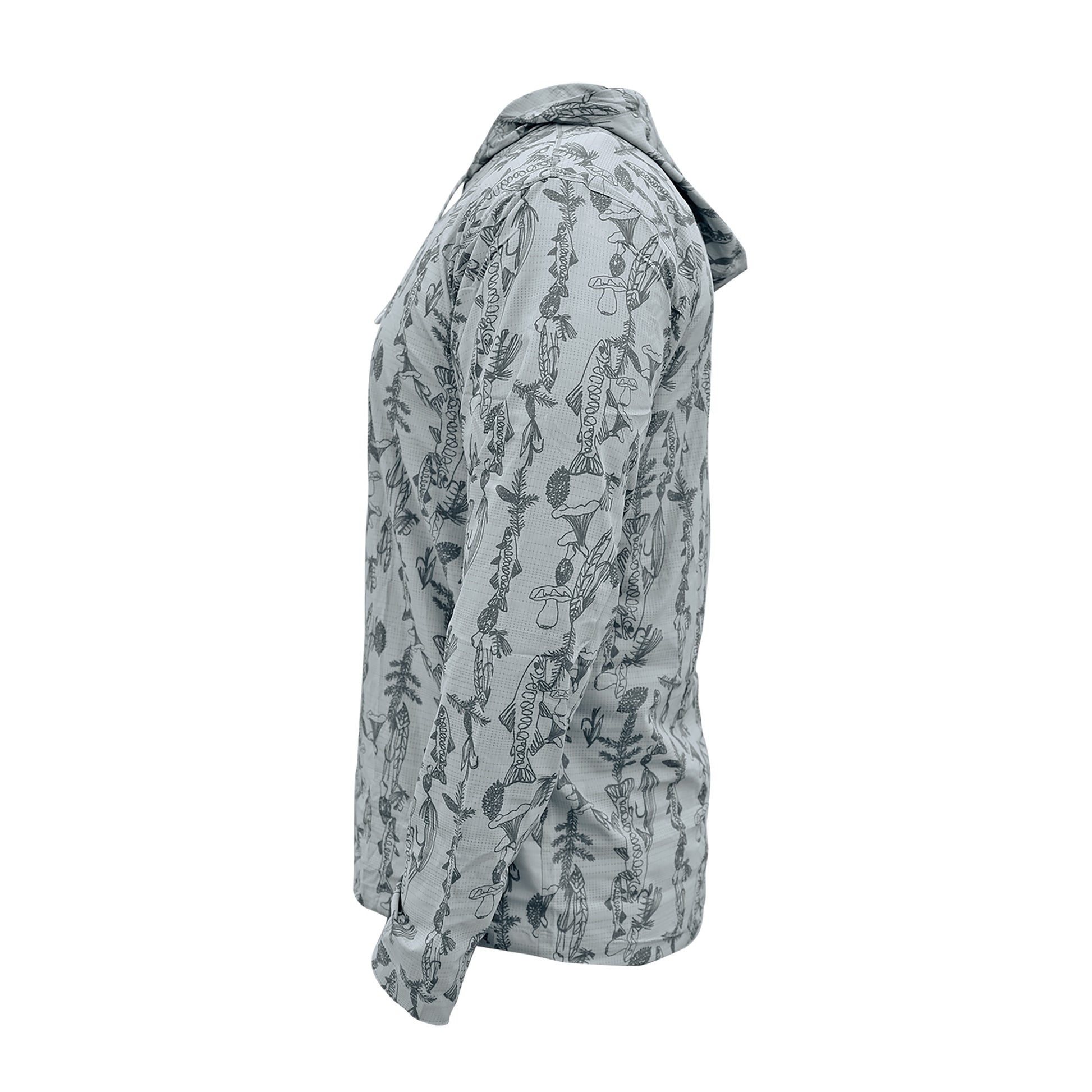 Flolite sun hoody with mushrooms, trout, pine limbs, and pine cones. Spring forest design side