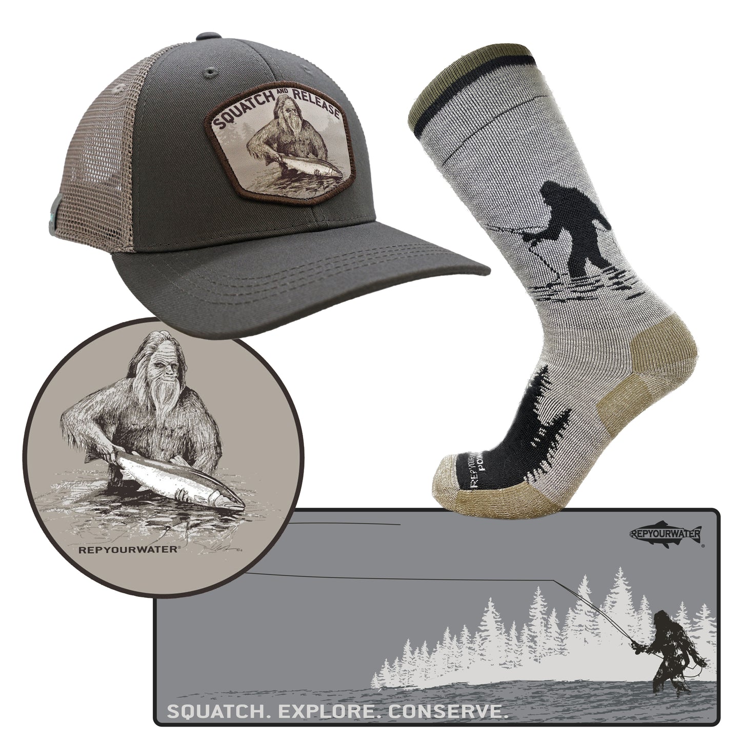 Montage of a hat, sock, and two stickers for the Squatch mixer gift bundle