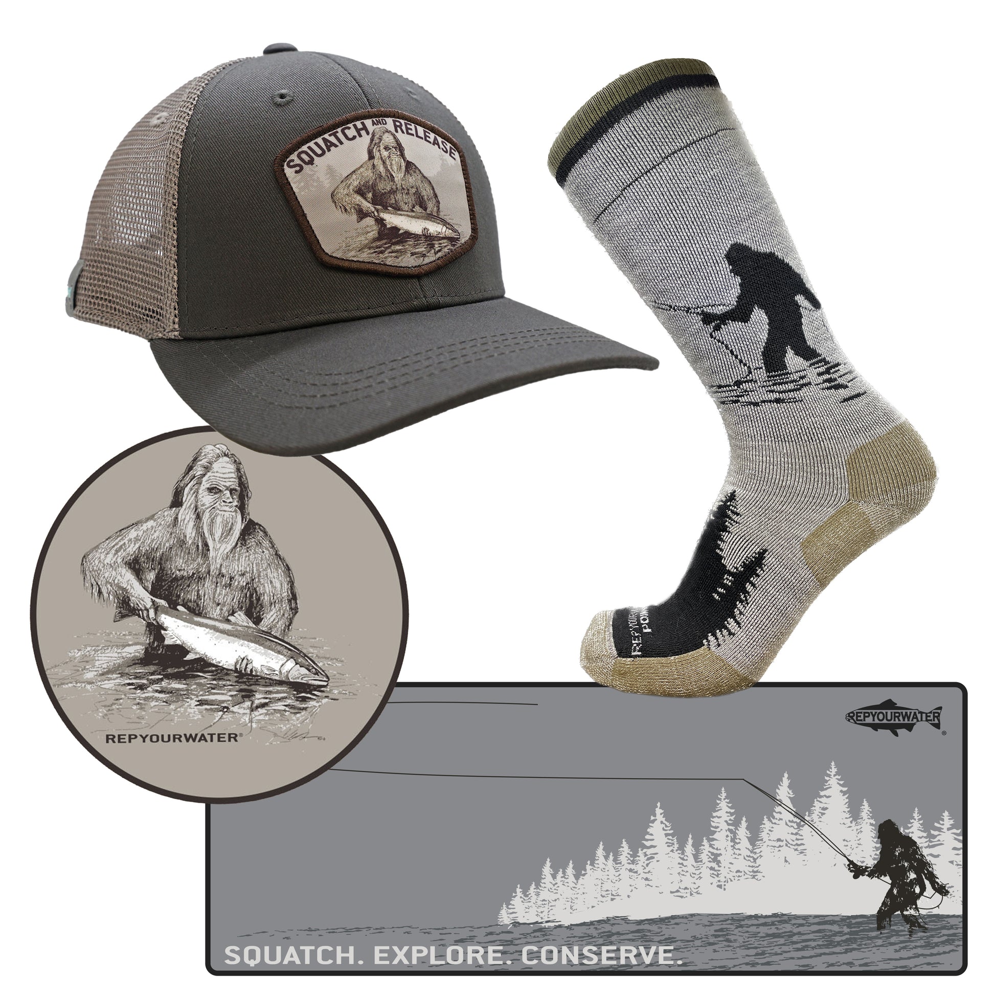 Montage of a hat, sock, and two stickers for the Squatch mixer gift bundle