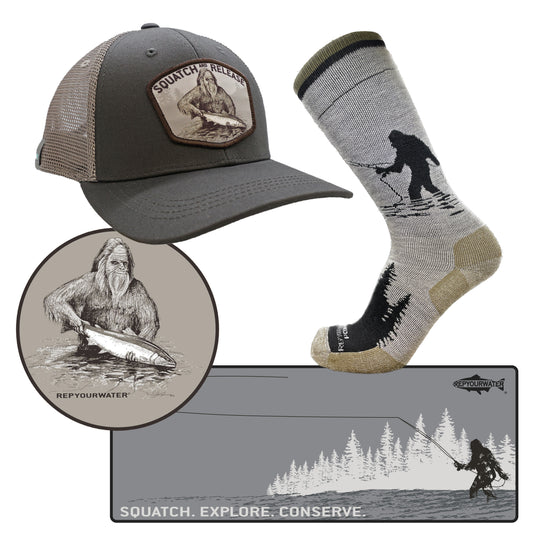 Montage of a hat, sock, and two stickers for the Squatch mixer gift bundle