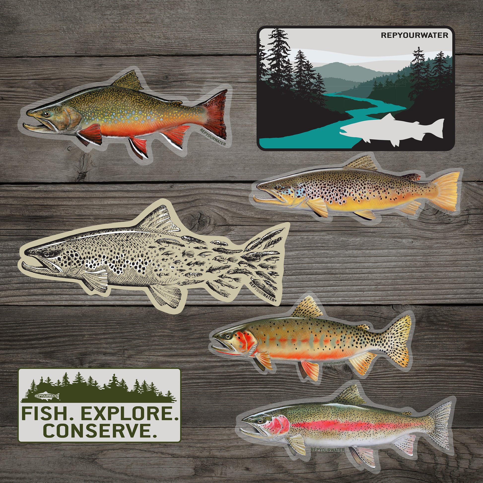 sticker montage of 7 stickers included in the sticker collector gift bundle