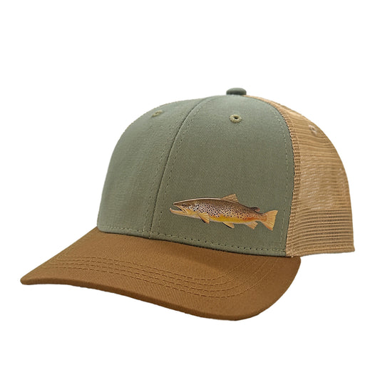 A hat with brown mesh and bill with a green front. There is a brown trout on the wearers lower left front corner.