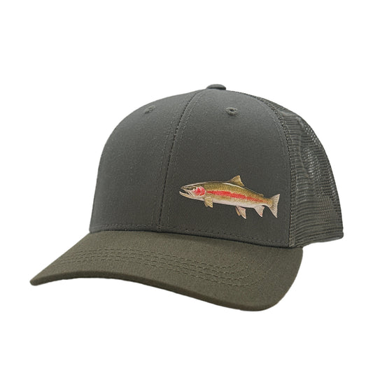 A hat with gray mesh back, green bill, and gray front. There is a rainbow trout on the wearers lower left front corner.