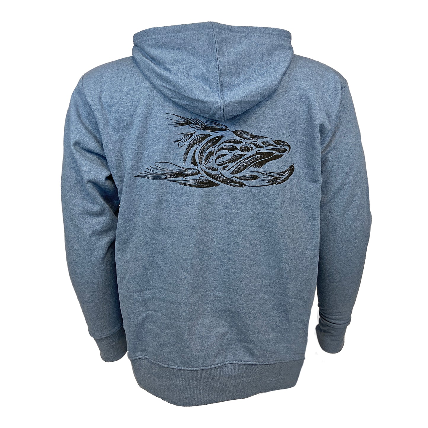 Blue hoody shown from the back with artistically rendered flies forming a trout head across the shoulder blades.